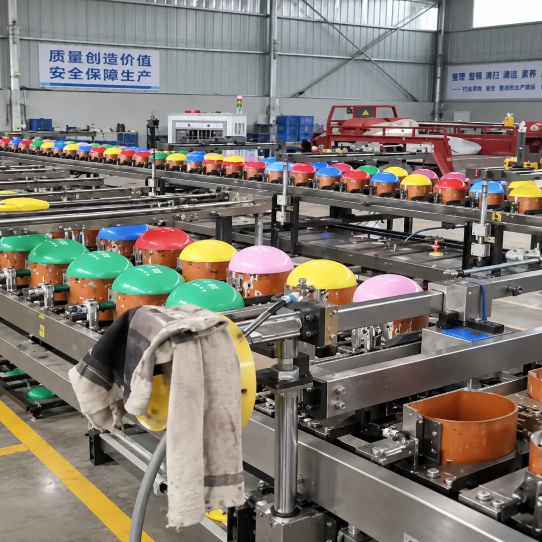 Latex balloon manufacturing equipment with rows of colored balloon molds at Borun Balloon Factory in Xiongxian China